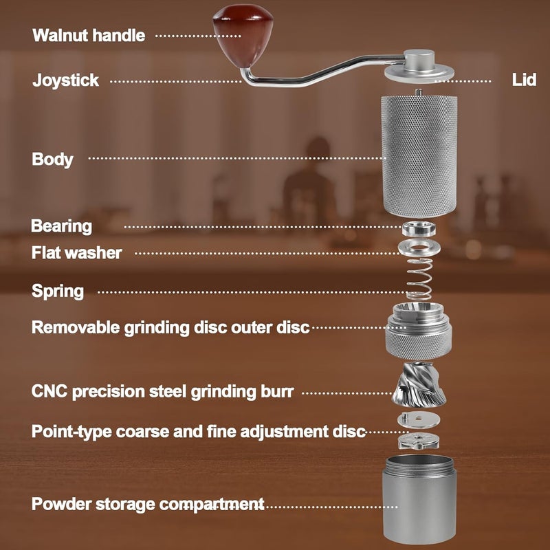 DITOSH Manual Coffee Grinder Detachable Stainless Steel Conical Burr Aluminum Coffee Bean Grinder with 25 Grinding Settings Cleaning Brush Grindable Espresso Moka Pot French Press for Camping Silver - Image 4